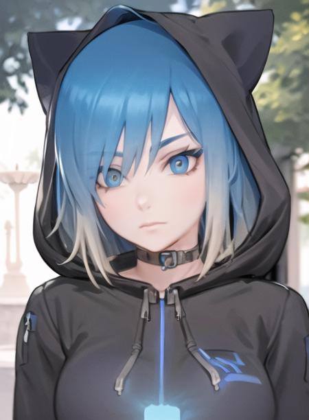 1665721851329-3574677335-SS_Eve, bluehair, black hoodie, hood, denim jeans, standing, facing viewer, beautiful eyes, in park with fountain,.png